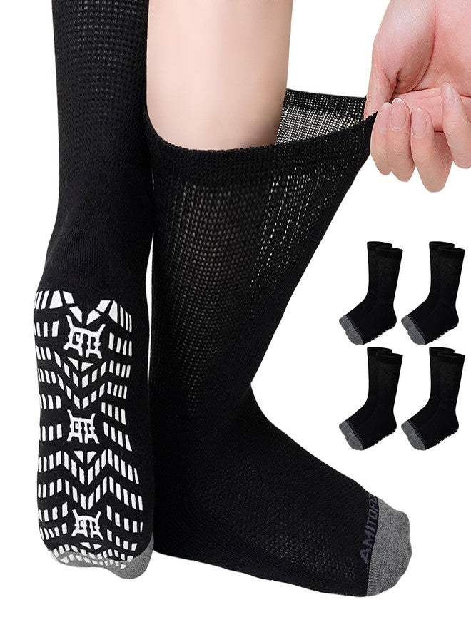 CaiDieNu Non Slip Diabetic Socks: 4 Pairs Non Binding Hospital Socks for Men Women with Grips Elderly Edema Black 13-15 - Image 1